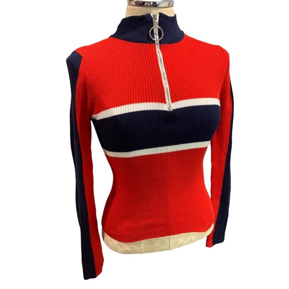 Small Trendy JS Women's Red Fitted 0-Ring Zip Mock Neck Sweater - Picture 1 of 7